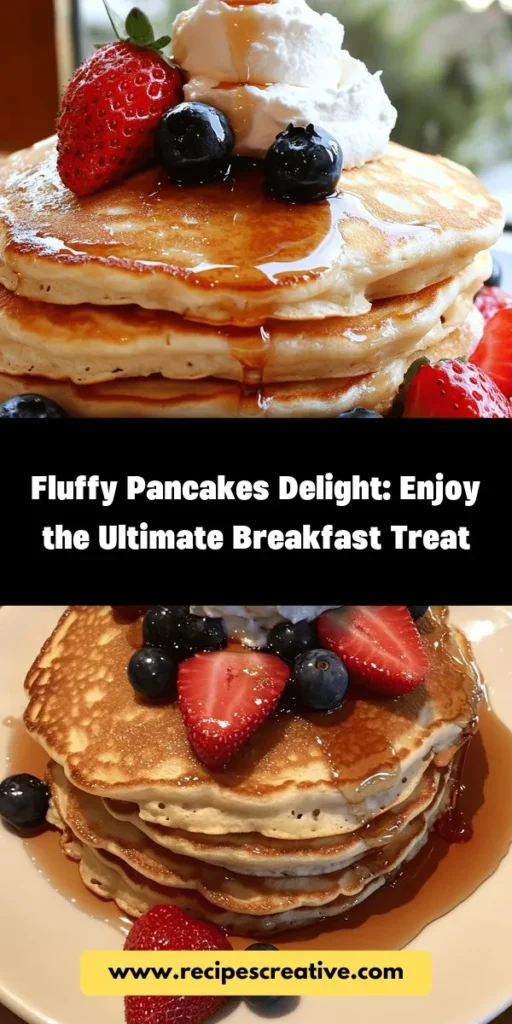 Indulge in the ultimate breakfast treat with Fluffy Pancakes Delight! This recipe promises light, airy pancakes that melt in your mouth. Crafted with all-purpose flour, baking powder, buttermilk, and butter, these pancakes are easy to personalize with fresh fruits, whipped cream, or chocolate chips. Perfect for family gatherings or a cozy morning, elevate your breakfast game and enjoy the joy of homemade pancakes. #Pancakes #Breakfast #FluffyPancakes #Brunch #Recipe #YummyFood