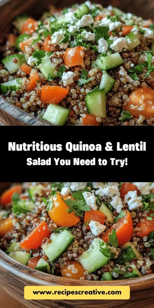 Discover the vibrant and nutritious Wholesome Quinoa & Lentil Salad that's perfect for any meal! Packed with plant-based protein, fiber, and essential vitamins, this salad is a delicious way to boost your health. Featuring quinoa, lentils, and fresh vegetables, it’s easy to make and customizable for all tastes. Enjoy it as a main dish or a side. Get inspired and elevate your meal prep today! #QuinoaSalad #HealthyEating #MealPrep #PlantBased #Nutrition #WholesomeFoods #Lentils #SaladRecipe