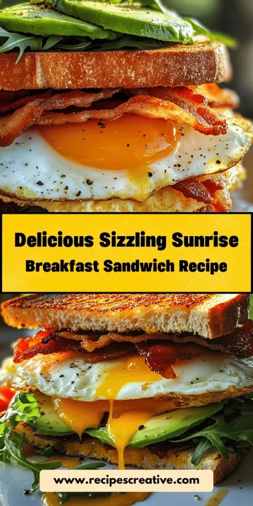 Start your morning right with the Sizzling Sunrise Griddle Breakfast Sandwich! This delightful creation features crispy bacon, creamy avocado, sunny-side-up eggs, and melty cheddar, all nestled between buttery sourdough bread. Perfect for busy mornings or a weekend brunch, this sandwich is not only easy to prepare but also customizable to suit your taste. Indulge in a satisfying breakfast experience that fuels your day! #BreakfastSandwich #Sourdough #BrunchIdeas #Eggs #AvocadoToast