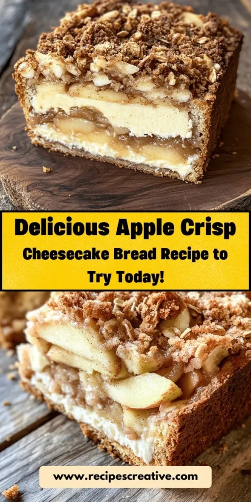 Discover the perfect fusion of flavors with our Apple Crisp Cheesecake Bread! This moist loaf combines creamy cheesecake, spiced apples, and a crunchy crisp topping, making it an ideal treat for breakfast, dessert, or a cozy afternoon snack. Celebrate the fall harvest by bringing this delicious recipe to your gatherings or sharing it as a homemade gift. Don't miss out on this delightful blend of comforting tastes! #AppleCrisp #CheesecakeBread #FallBaking #DessertRecipes #BakingLove #CozyTreats