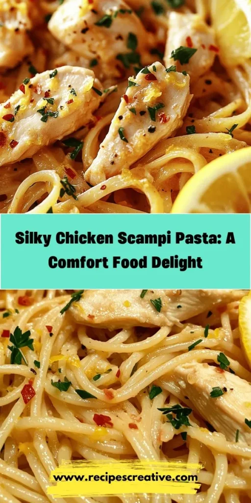 Discover the ultimate comfort food with Silky Chicken Scampi Pasta Delight! This creamy, zesty dish combines tender chicken with linguine or spaghetti in a luscious garlic-lemon sauce. Perfect for busy weeknights or special dinners, it's easy to prepare and sure to impress. With ingredients like white wine, heavy cream, and freshly grated Parmesan, every bite is a delicious surprise. Try this delightful recipe tonight! #ChickenScampi #PastaLover #ComfortFood #DinnerIdeas #EasyRecipes #CookingAtHome