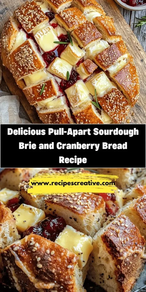 Indulge in the ultimate comfort food with this Pull-Apart Sourdough Brie and Cranberry Bread! Perfect for gatherings or cozy nights, this bread features a warm, gooey Brie filling balanced by sweet-tart cranberry sauce, all nestled in a beautifully crusty sourdough loaf. Easy to make and visually stunning, it’s sure to impress your guests. Discover the perfect blend of flavors and enjoy a shareable delight! #SourdoughBread #BrieAndCranberry #ComfortFood #BakingFun #EasyRecipes