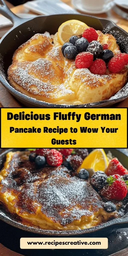 Elevate your breakfast game with a Fluffy Baked German Pancake, also known as a Dutch Baby! This easy-to-make dish puffs up beautifully in the oven for a stunning presentation and delicious flavor. With a rich base of eggs, milk, and flour, topped with powdered sugar or fresh fruits, it’s perfect for any brunch. Discover how to create this airy delight that will impress your family and friends! #DutchBaby #GermanPancake #BreakfastIdeas #Brunch #FluffyPancake #EasyRecipes #HomemadeDelight