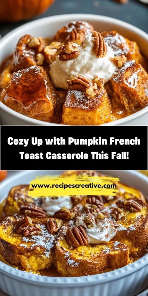 Start your autumn mornings with a delicious Pumpkin French Toast Casserole, perfectly blending warm spices and creamy pumpkin. This cozy dish is not only easy to prepare but is also a fantastic make-ahead option for gatherings or family brunches. With its rich flavors and inviting aroma, it’s sure to please everyone at your table. Dive into this seasonal delight and embrace the flavors of fall! #PumpkinFrenchToast #FallRecipes #BreakfastCasserole #CozyMornings #AutumnDelights #BrunchRecipes