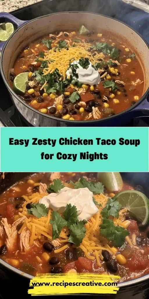 Warm up your evenings with a bowl of Zesty Easy Chicken Taco Soup! This comforting dish combines lean chicken, black beans, corn, and spices for a delightful meal that's easy to prepare and perfect for family gatherings or busy weekdays. Customize it with your favorite toppings like avocado and cilantro for added flavor. Whether you're looking for hearty nutrition or meal prep options, this soup delivers on all fronts. #ChickenTacoSoup #ComfortFood #EasyRecipes #HealthyEating #MealPrepIdeas #TacoSoup