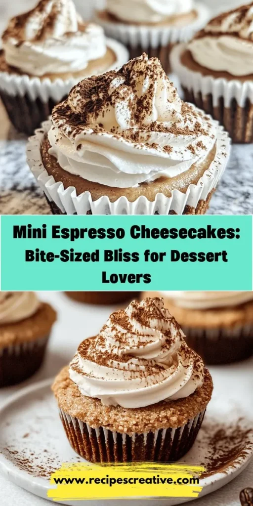 Indulge in the delightful world of Mini Espresso Cheesecakes! These little treats perfectly combine rich chocolate and bold espresso flavors for a dessert experience that’s both sophisticated and approachable. Ideal for gatherings or a personal treat, their small size allows for portion control without compromising on taste. Elevate your dessert table and impress your guests with these mini delights that are easy to make and sure to satisfy! #MiniCheesecakes #Dessert #Espresso #Baking #RecipeIdeas #PartyDesserts #ChocolateLovers