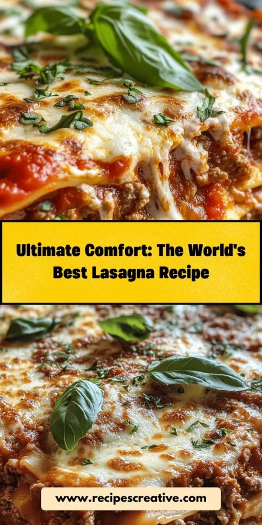 Discover the ultimate comfort food with our World’s Best Lasagna recipe! This layered dish combines rich flavors, quality ingredients, and the warmth of homemade cooking. Perfect for family gatherings or special occasions, it features savory meat sauce, creamy ricotta, and gooey mozzarella, all baked to perfection. Share the joy of cooking and create lasting memories with every delicious bite. Try this lasagna now! #Lasagna #ComfortFood #Homemade #ItalianCuisine #FamilyRecipes #Yummy