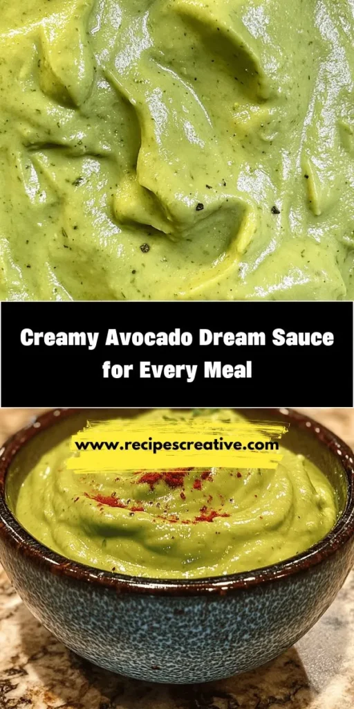 Discover the deliciousness of Creamy Avocado Dream Sauce, a versatile and healthy condiment that's perfect for tacos, salads, or as a dip for veggies. Packed with heart-healthy fats and nutrients, this easy recipe uses ripe avocados, garlic, lime juice, and fresh herbs to create a creamy sauce that’s ready in minutes. Elevate your meals while enjoying its health benefits! Try it today! #AvocadoSauce #HealthyRecipes #CreamySauce #Avocado #HealthyEating #CookingMadeEasy