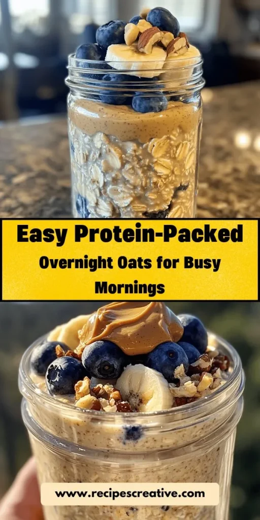 Start your day with a boost of energy and nutrition with protein-packed overnight oats! This easy, make-ahead breakfast is perfect for busy mornings, allowing you to enjoy a wholesome meal without the rush. Customize it with your favorite ingredients like Greek yogurt, nut butter, and fresh fruits for added flavor and health benefits. Dive into this delicious recipe and transform your breakfast routine today! #OvernightOats #HealthyBreakfast #MealPrep #ProteinPacked #Nutritious #Yummy