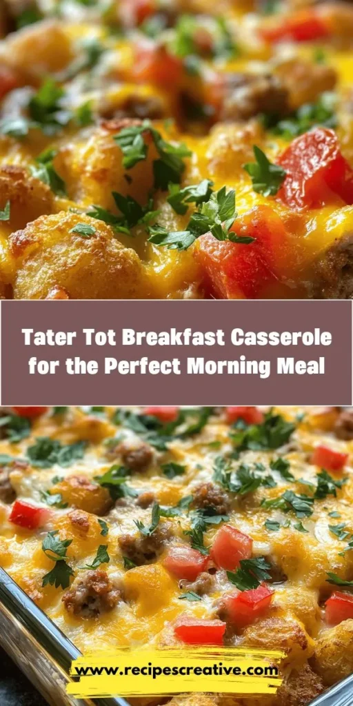 Start your day with the comforting Tater Tot Breakfast Delight! This easy-to-make casserole combines crispy tater tots, fluffy eggs, savory sausage, and melted cheese for a hearty meal that pleases everyone. Perfect for family breakfasts or brunch with friends, it's super versatile—swap ingredients to cater to any dietary preferences. Discover the joy of this delicious, filling dish and make it a staple in your kitchen! #BreakfastIdeas #TaterTots #Casserole #Brunch #ComfortFood #EasyRecipes