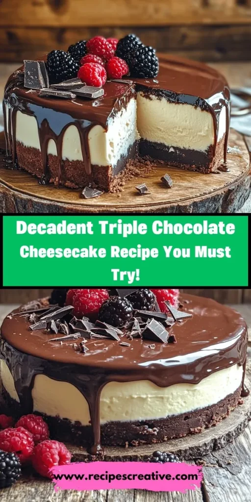 Indulge in a slice of heaven with this decadent triple chocolate cheesecake! Combining a crunchy chocolate cookie crust, creamy chocolate filling, and a luscious ganache topping, this dessert is perfect for any celebration. Elevate your baking game using high-quality ingredients for that bakery-worthy taste at home. Whether it's a birthday or a simple treat, this layered delight will leave everyone wanting more! #TripleChocolateCheesecake #ChocolateDesserts #BakingFun #CheesecakeLovers #DessertGoals