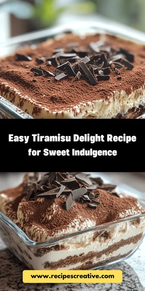 Indulge in the irresistible taste of Tiramisu Delight with this easy-to-follow recipe. This classic Italian dessert combines coffee-soaked ladyfingers, creamy mascarpone, and a dusting of cocoa for a luscious treat that's perfect for any occasion. Whether you're a baking pro or a kitchen novice, this recipe will wow your guests and satisfy your sweet cravings with every delightful bite. Discover the joy of making Tiramisu and bring a taste of Italy to your home! #Tiramisu #DessertRecipes #ItalianCuisine #Baking #SweetTreats #HomeBaking #TiramisuDelight