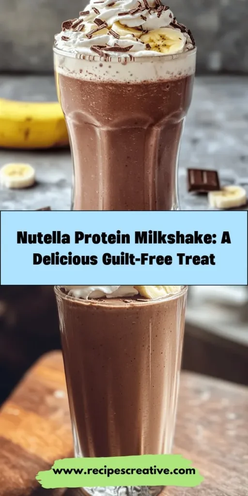 Satisfy your sweet tooth and fuel your body with this Nutella Protein Milkshake! This delicious blend of creamy Nutella, protein powder, and wholesome ingredients makes for the perfect meal replacement or post-workout treat. Packed with nutrients and naturally sweetened with frozen bananas, it's a guilt-free indulgence everyone can enjoy. Customize it with various add-ins for a unique twist! Try it today! #NutellaMilkshake #HealthyTreat #ProteinShake #GuiltFreeIndulgence #YummySmoothie #HealthyLiving