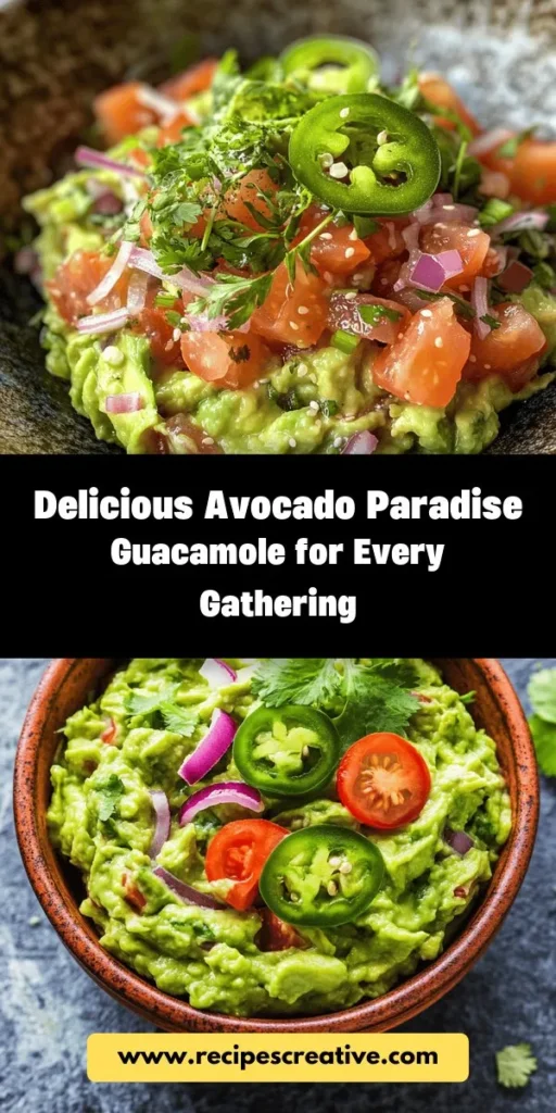 Dive into the delicious world of Avocado Paradise Guacamole, a creamy delight perfect for every occasion! This easy recipe highlights fresh ingredients like ripe avocados, zesty lime, and colorful tomatoes, creating a versatile dip that's a hit at parties or a simple snack at home. Packed with healthy fats and flavor, it's not just a dip; it's a celebration of taste! Try it today and impress your friends! #Guacamole #AvocadoParadise #HealthyEating #SnackTime #PartyFood #Yummy