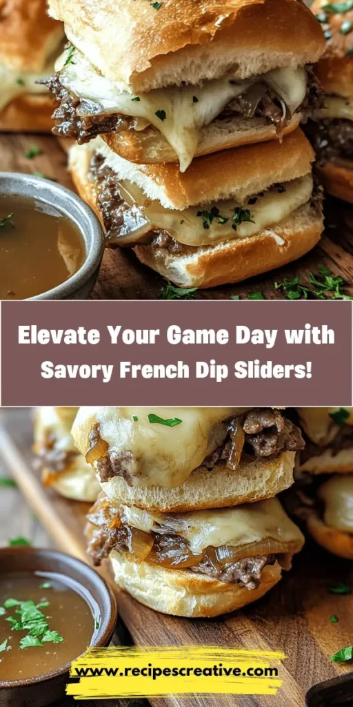 Discover a delicious twist on a classic favorite with these Savory French Dip Sliders! Perfect for game days or cozy family dinners, these mini sandwiches combine tender roast beef, caramelized onions, and gooey provolone cheese, all tucked into soft brioche rolls. Enhanced with a rich dipping broth, they're sure to be a hit at any gathering. Easy to make and packed with flavor, this recipe will elevate your slider game! #FrenchDipSliders #ComfortFood #Sliders #RecipeIdeas #MiniSandwiches