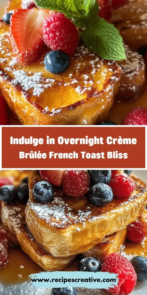 Start your day with a touch of luxury with Overnight Crème Brûlée French Toast! This delightful breakfast combines the rich custard flavor of classic crème brûlée with the comforting texture of French toast. Perfect for brunch or special occasions, it's easy to prepare the night before, letting you impress family and friends with minimal effort. Enjoy the creamy custard and crispy caramelized topping for a morning treat that's truly unforgettable. #FrenchToast #BrunchRecipes #CrèmeBrûlée #BreakfastIndulgence #EasyRecipes #OvernightOats #DeliciousStart