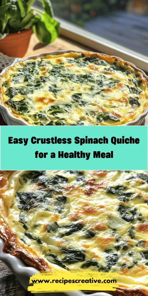 Discover the deliciousness of this crustless spinach quiche recipe that's both healthy and satisfying! Packed with nutritious spinach, creamy ricotta, and your favorite cheeses, this quiche is perfect for brunch, dinner, or meal prep. It's low-carb and gluten-free, making it an ideal choice for various dietary needs. Simple to make and packed with flavor, it's a fantastic option for any occasion! #CrustlessQuiche #HealthyEating #SpinachRecipes #MealPrep #LowCarb #GlutenFree