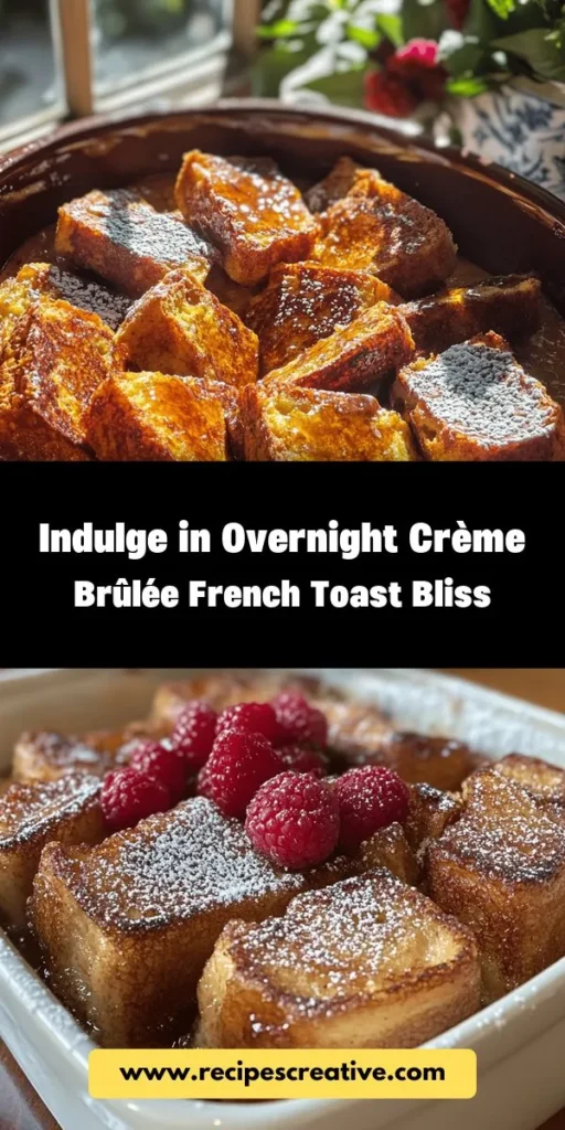 Wake up to a morning masterpiece with Overnight Crème Brûlée French Toast! This luxurious breakfast combines rich custardy brioche with a deliciously caramelized sugar topping, offering a heavenly blend of flavors and textures. Perfect for brunches and gatherings, this make-ahead recipe guarantees minimal morning fuss. Enjoy the bliss of each bite and create lasting memories around the table. Try it and elevate your breakfast game! #Breakfast #FrenchToast #BrunchIdeas #CookingAtHome #DeliciousRecipes #BakingFun