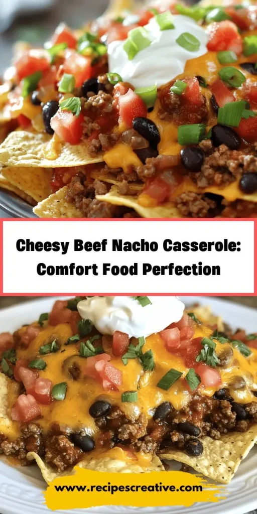 Craving comforting, cheesy goodness? Dive into the deliciousness of Cheesy Beef Nacho Casserole! This hearty dish layers savory ground beef, crispy tortilla chips, and melted cheese for a perfect crowd-pleaser at family dinners or game nights. Customize it with your favorite toppings and savor every bite of this delightful casserole. Easy to make and utterly satisfying, it’s a must-try comfort food recipe! #NachoCasserole #ComfortFood #EasyRecipes #FamilyDinner #GameNightFood #CheeseLovers