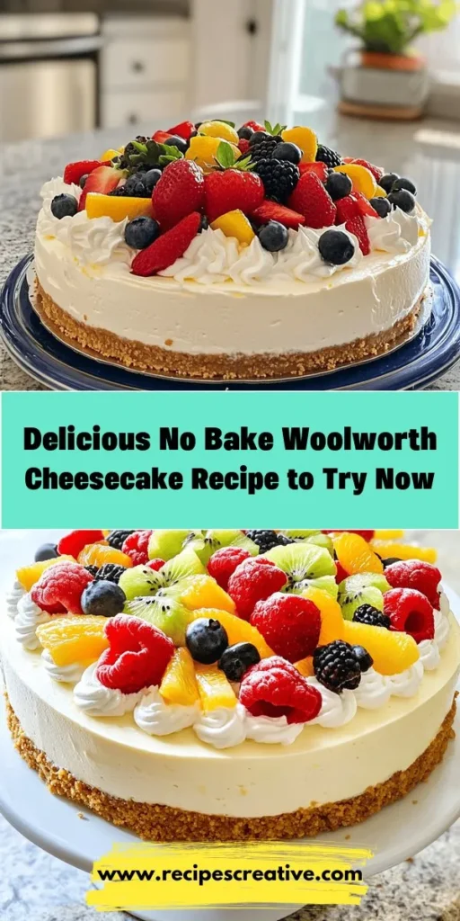 Indulge in the timeless pleasure of No Bake Classic Woolworth Cheesecake! Perfect for any occasion, this easy recipe results in a light, creamy dessert without the need for an oven. With a delicious graham cracker crust and a velvety cream cheese filling, it’s a guaranteed crowd-pleaser. Learn the history, tips, and variations to elevate your cheesecake experience. Get ready to impress at your next gathering! #WoolworthCheesecake #NoBakeDessert #CheesecakeRecipe #DessertIdeas #SweetTooth