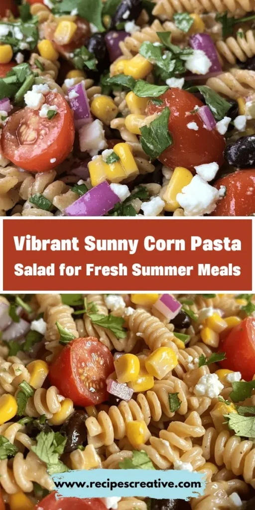 Discover the vibrant flavors of summer with our Sunny Corn Pasta Salad! Packed with fresh corn, juicy cherry tomatoes, and whole wheat pasta, this salad is not only visually enticing but also nutritious. Perfect for picnics, barbecues, or family gatherings, it’s versatile enough to be a light main dish or a hearty side. Enjoy a burst of flavors and essential nutrients in every bite. Try it today! #CornPastaSalad #HealthyEating #SummerRecipes #FreshIngredients #HealthyLunch #PicnicFood #VegetarianRecipe #SaladIdeas