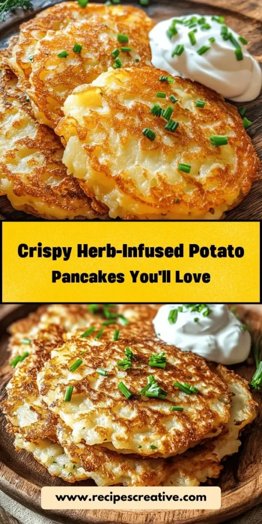 Savor the deliciousness of Crispy Herb-Infused Potato Pancakes with this easy recipe! These golden-brown delights are crispy on the outside, tender on the inside, and packed with fresh flavors from parsley and chives. Enjoy them for breakfast, brunch, or as a snack with savory dips like sour cream or applesauce. Perfect for any occasion, customize them with your favorite ingredients! #PotatoPancakes #ComfortFood #Herbs #Recipe #Deliciousness #CookingJoy