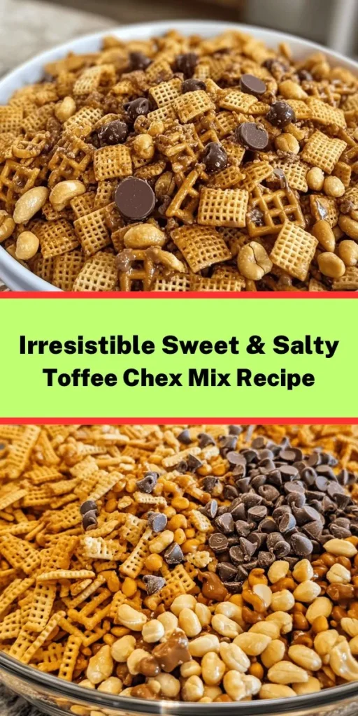 Indulge in the perfect blend of flavors with this Sweet & Salty Toffee Chex Mix recipe! Combining crunchy Chex cereal, salty pretzels, and a rich toffee-chocolate coating, this irresistible snack is perfect for movie nights, parties, or as a thoughtful gift. Simple to make and endlessly customizable, it's sure to impress. Dive into the deliciousness and make your next gathering extra special! #ChexMix #SweetAndSalty #SnackRecipes #HomemadeTreats #EasyRecipes