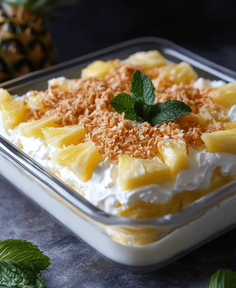 Imagine diving into a light and fluffy dessert that transports you straight to a tropical beach, where the sun kisses your skin and the sound of waves soothes your soul. The <strong>No Bake Pineapple Cream Dessert</strong> is just that—a delightful concoction that beautifully balances the sweetness of ripe pineapple with a creamy, velvety texture. This dessert is not only visually appealing but also incredibly refreshing, making it an ideal treat for warm weather gatherings or casual weeknight indulgences.” /></p>
</p>
<h3>Importance of Achieving Soft Peaks</h3>
</p>
<p>When making the cream cheese filling for your Tropical Paradise No Bake Pineapple Cream Dessert, one of the key steps is achieving soft peaks in the whipped cream. Soft peaks are essential because they help create a light and airy texture in the dessert. To achieve this, start by ensuring your heavy cream is cold before whipping. Use a chilled mixing bowl and beaters to enhance the whipping process.</p>
</p>
<p>Whip the cream until it begins to thicken, then gradually add sugar and vanilla. Continue whipping until soft peaks form—this means that when you lift the beaters, the cream will hold its shape but the peaks will gently fold over. This stage is crucial; over-whipping can lead to a grainy texture and even turn your cream into butter.</p>
</p>
<h3>Mixing the Cream Cheese Filling</h3>
</p>
<p>Once you’ve achieved the perfect soft peaks, it’s time to prepare the cream cheese filling. Start by ensuring your cream cheese is at room temperature for easy mixing. In a large mixing bowl, beat the softened cream cheese until smooth. This step is vital; any lumps in the cream cheese will result in an uneven filling.</p>
</p>
<p>Gradually add the whipped cream to the cream cheese, folding it in gently. This mixture should be smooth and creamy, with no lumps remaining. The combination of the whipped cream and cream cheese will create a rich, decadent filling that perfectly complements the pineapple.</p>
</p>
<h3>Tips for Achieving a Smooth Consistency</h3>
</p>
<p>To ensure a smooth consistency, always remember to use room temperature cream cheese. Cold cream cheese is harder to blend and can lead to lumps. If you forget to take it out ahead of time, you can microwave it in short bursts of about 10 seconds, checking frequently until softened.</p>
</p>
<p>Additionally, consider using a hand mixer or stand mixer on medium speed to combine the ingredients. If you’re doing it by hand, use a whisk to vigorously incorporate the ingredients, ensuring that air is incorporated throughout.</p>
</p>
<h3>Folding Techniques to Maintain Airiness</h3>
</p>
<p>When combining the whipped cream with the cream cheese mixture, it’s important to use folding techniques to maintain the airiness of the whipped cream. Start by adding a small amount of whipped cream to the cream cheese mixture to lighten it. This makes it easier to incorporate the remaining whipped cream without deflating it.</p>
</p>
<p>To fold, use a spatula to gently lift the mixture from the bottom of the bowl and fold it over the top. Rotate the bowl as you go to ensure an even mix. Repeat this process until the whipped cream is fully incorporated. Be careful not to over-mix, as this can deflate the whipped cream and diminish the light texture.</p>
</p>
<h3>Importance of Gentle Folding in Dessert Recipes</h3>
</p>
<p>Gentle folding is a crucial technique in dessert recipes, especially for those that rely on whipped ingredients for volume. In the case of the Tropical Paradise No Bake Pineapple Cream Dessert, the lightness of the whipped cream is what gives the dessert its delightful texture. Over-mixing can lead to a denser filling, which may not set properly and could lose the intended airy quality.</p>
</p>
<p>Using the proper folding technique ensures that you retain the volume created by whipping, resulting in a dessert that feels light and indulgent. This careful approach is what elevates desserts and creates a memorable experience for your guests.</p>
</p>
<h3>Layering the Dessert</h3>
</p>
<p>Now that your filling is ready, it’s time to layer your Tropical Paradise dessert. Begin by selecting a clear serving dish or individual cups to showcase the beautiful layers. The visual appeal of a layered dessert is one of its greatest charms, so choose a dish that allows for easy viewing of the layers.</p>
</p>
<p>Start by spooning a layer of the cream cheese filling into the bottom of your dish, followed by a layer of crushed pineapple. This layering not only adds to the aesthetic but also creates a delightful combination of flavors in every bite. Repeat the process, alternating between the cream cheese filling and crushed pineapple. Aim for at least three layers, finishing with a top layer of the cream cheese filling for an elegant presentation.</p>
</p>
<h3>How to Construct the Layers for Optimal Flavor Distribution</h3>
</p>
<p>For optimal flavor distribution, it’s essential to evenly spread the layers. Use an offset spatula or the back of a spoon to smooth out each layer before adding the next. This ensures that every spoonful contains a balance of creaminess and fruity sweetness.</p>
</p>
<p>Consider adding a sprinkle of crushed graham crackers or toasted coconut between the layers for added texture and flavor. These elements not only enhance the taste but also create visual interest, making the dessert even more enticing.</p>
</p>
<h3>Chilling Process and Its Significance</h3>
</p>
<p>Once your dessert is layered to perfection, it’s time to chill it in the refrigerator. Chilling is a crucial step that allows the flavors to meld together and the filling to firm up. For best results, cover the dish with plastic wrap or a lid to prevent any absorption of refrigerator odors.</p>
</p>
<p>It’s recommended to chill the dessert for at least 4 hours, but overnight is ideal. This chilling time allows the layers to set properly, making it easier to serve and ensuring that each layer holds its shape when cut or spooned out.</p>
</p>
<h3>Why Refrigeration Time Matters for Texture and Flavor</h3>
</p>
<p>Refrigeration time is essential not just for texture but also for flavor development. The chilling process allows the cream cheese and pineapple flavors to blend beautifully, creating a harmonious dessert. As it sets, the cream cheese filling becomes firmer while maintaining that luscious creaminess, and the pineapple releases its juices, which mingle with the cream cheese to enhance the overall flavor profile.</p>
</p>
<p>Without sufficient chilling, the dessert may not hold its shape well and can separate or become too soft. Therefore, patience is key to achieving the perfect Tropical Paradise No Bake Pineapple Cream Dessert.</p>
</p>
<h3>Serving Suggestions and Presentation Ideas</h3>
</p>
<p>When it comes to serving your Tropical Paradise dessert, presentation is everything. For maximum visual impact, consider serving the dessert in clear glass cups or bowls. This allows guests to see the beautiful layers of cream cheese and pineapple, making it not only a treat for the palate but also for the eyes.</p>
</p>
<p>Garnishing is another opportunity to elevate your dessert. Top each serving with a dollop of whipped cream or a sprinkle of toasted coconut. Fresh fruit, such as slices of kiwi or strawberries, can add a pop of color and enhance the tropical theme. Additionally, a few mint leaves can introduce a refreshing touch, complementing the flavors beautifully.</p>
</p>
<h3>Ideas for Garnishing with Fresh Fruits and Herbs</h3>
</p>
<p>When garnishing, think about the colors and textures that will enhance the dessert. Fresh pineapple chunks, edible flowers, or even a drizzle of passionfruit sauce can provide a stunning finish. If you prefer a more rustic look, a sprinkle of crushed graham crackers can add a nice crunch and a hint of nostalgia for classic desserts.</p>
</p>
<h3>Pairing with Beverages: Tropical Drinks that Complement the Dessert</h3>
</p>
<p>To complete the tropical experience, consider pairing your dessert with a refreshing beverage. Tropical drinks such as piña coladas, mango smoothies, or coconut water can enhance the flavors and elevate the dining experience. For a non-alcoholic option, a chilled herbal iced tea with hints of citrus or mint can provide a refreshing contrast to the sweetness of the dessert.</p>
</p>
<h3>Nutritional Information</h3>
</p>
<p>Understanding the nutritional content of your Tropical Paradise No Bake Pineapple Cream Dessert can help you make informed choices. Each serving contains approximately 250 calories, with 15 grams of fat, 20 grams of carbohydrates, and 3 grams of protein. While this dessert is indulgent, it also brings the goodness of fresh fruit and can be enjoyed in moderation.</p>
</p>
<h3>Discussion on Indulgence and Moderation in Desserts</h3>
</p>
<p>Desserts are meant to be enjoyed, and moderation is key. While this No Bake Pineapple Cream Dessert is a delightful treat, savoring it in smaller portions can help maintain balance in your diet. The combination of cream cheese and pineapple provides a satisfying blend of flavors and textures, making it a worthwhile indulgence for special occasions or a sweet ending to a meal.</p>
</p>
<h3>Potential Modifications for Dietary Considerations</h3>
</p>
<p>For those with dietary restrictions, there are several modifications you can make. To create a gluten-free version, simply use gluten-free graham crackers or omit them altogether. Additionally, if you are looking to reduce sugar, consider using a sugar substitute that measures cup-for-cup like stevia or erythritol. For a dairy-free option, substitute the cream cheese with a vegan cream cheese alternative and use coconut whipped cream in place of regular whipped cream.</p>
</p>
<h3>Conclusion</h3>
</p>
<p>In summary, the Tropical Paradise No Bake Pineapple Cream Dessert is a delightful blend of flavors and textures that captures the essence of tropical indulgence. Its simplicity and ease of preparation make it an ideal choice for both novice cooks and seasoned bakers alike. With layers of creamy filling and sweet pineapple, this dessert not only satisfies your sweet tooth but also brings a refreshing twist to any gathering.</p>
</p>
<p>We encourage you to try making this tropical treat at home. Whether for a summer barbecue, a special occasion, or simply as a sweet reward after a long day, this dessert is sure to impress. Embrace the flavors of the tropics and enjoy the light, airy delight of your own No Bake Pineapple Cream Dessert.</p>
<div id=