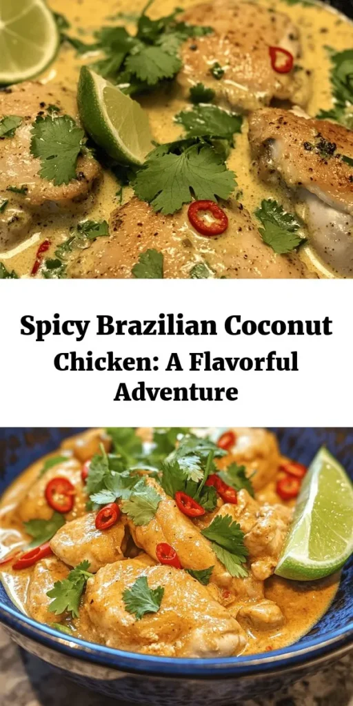 Discover the vibrant flavors of Brazil with this Spicy Brazilian Coconut Chicken recipe! This dish beautifully blends the creaminess of coconut milk with a medley of spices to create a comforting yet exciting meal. Perfect for family dinners or special occasions, this recipe is easy to follow for cooks of all levels. Enjoy the warmth of Brazil in your kitchen today! #BrazilianCuisine #CoconutChicken #SpicyRecipes #CookingAtHome #FoodLovers #DeliciousDishes #MealPrep