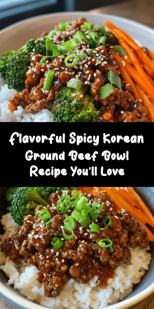Discover the vibrant flavors of Korean cuisine with this Spicy Korean Ground Beef Bowl recipe! Packed with seasoned ground beef, fresh vegetables, and aromatic ingredients, this dish is a quick and nutritious option that’s perfect for busy lives. From the rich flavors of garlic and ginger to the perfect balance of spicy and sweet, this bowl promises to delight your taste buds. Easy to customize, it's perfect for any home cook. #KoreanFood #HealthyEats #RecipeIdeas #SpicyBeefBowl #FoodLovers #HomeCooking