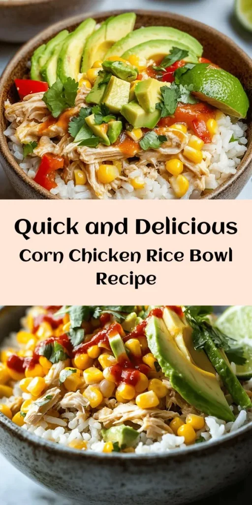 Discover the delicious Easy Street Corn Chicken Rice Bowl! This quick and nutritious recipe brings together shredded rotisserie chicken, sweet corn, vibrant veggies, and fluffy rice for a satisfying meal perfect for busy weeknights. Customize it with your favorite toppings to suit any dietary needs. Enjoy fresh flavors from cilantro, avocado, and lime juice that elevate your dining experience. Try this versatile dish tonight! #EasyRecipes #MealPrep #HealthyEating #FamilyDinner #Foodie
