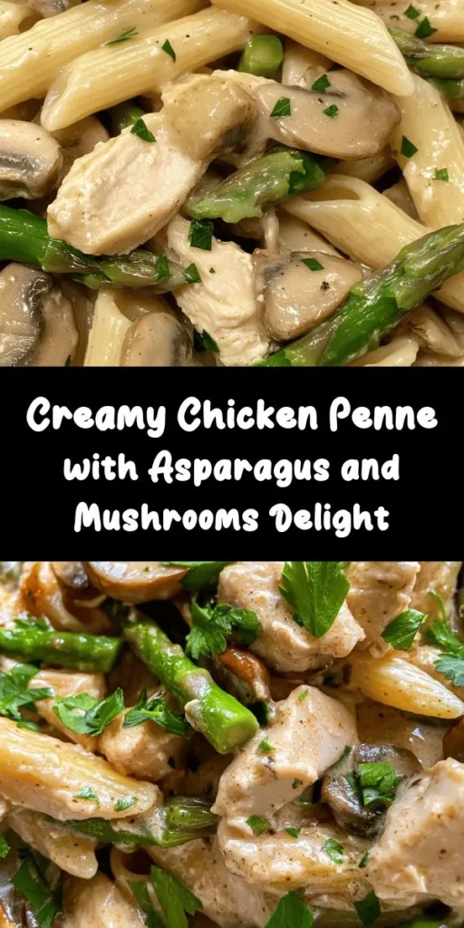 Indulge in the creamy goodness of Mushroom and Asparagus Chicken Penne—perfect for both weeknight dinners and special occasions! This recipe combines tender chicken, fresh asparagus, and earthy mushrooms in a luscious creamy sauce that clings to al dente penne pasta. It's not just delicious, but also packed with nutrients, making it a winner for health-conscious foodies. Try it today and impress your family and friends! #PastaRecipe #ComfortFood #DinnerIdeas #HealthyEating #CookingAtHome