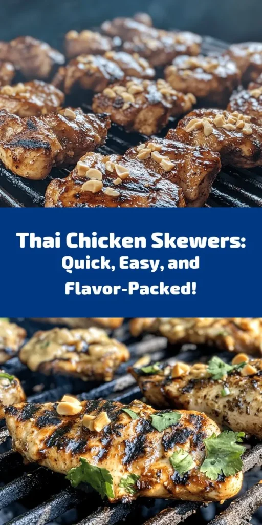 Looking for a flavorful and easy-to-make dish? Try these Easy Grilled Thai Chicken Skewers! With a delicious marinade that balances sweet, salty, sour, and spicy notes, these skewers are perfect for any occasion. Pair them with peanut sauce for an extra kick! Ideal for weeknight dinners or festive gatherings, they’re sure to impress. Get ready to enjoy a delicious taste of Thailand right at home! #ThaiFood #Grilling #ChickenSkewers #Recipe #EasyRecipes #CookingAtHome #Foodie