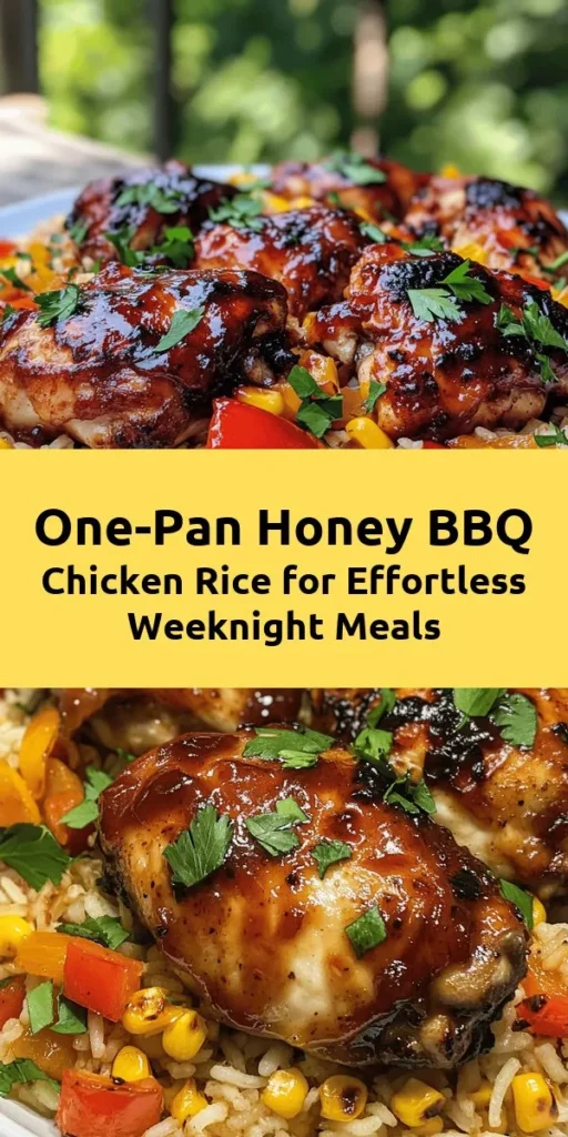 Looking for a quick and tasty meal for busy nights? Try this One-Pan Honey BBQ Chicken Rice! This dish features juicy chicken thighs, fluffy rice, and colorful veggies all cooked together, infusing each bite with sweet and smoky flavors. Perfect for family dinners or meal prep, this recipe is easy to follow and cleans up in a snap. Elevate your weeknight dinners with this delicious one-pan creation! #DinnerIdeas #OnePanRecipes #HoneyBBQChicken #EasyMeals #Foodie