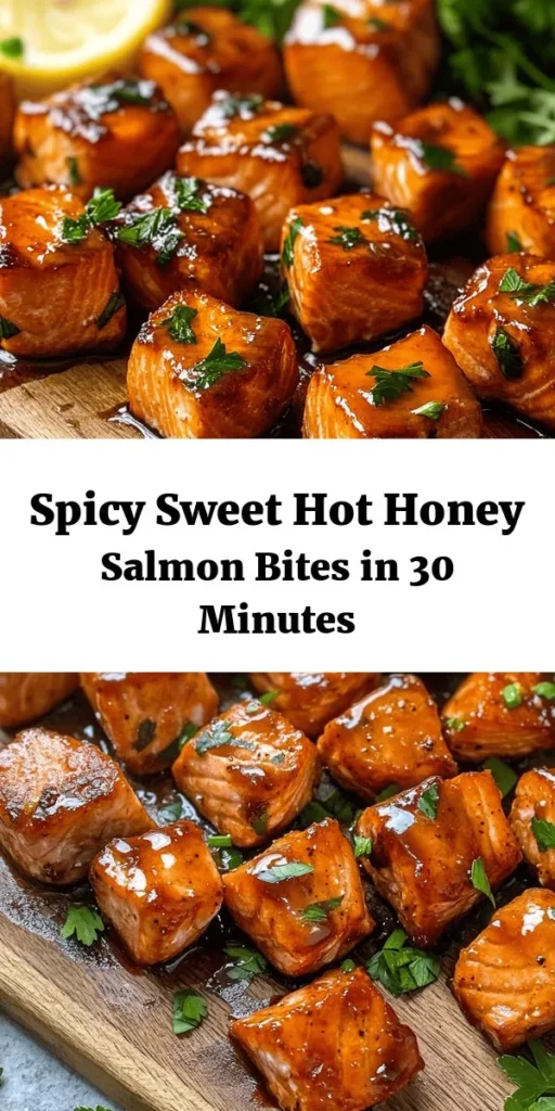 Savor the bold flavors of Hot Honey Salmon Bites, a simple yet impressive dish perfect for any occasion! Enjoy flaky salmon paired with a sweet and spicy hot honey glaze that tantalizes your taste buds. Whip up this crowd-pleaser in under 30 minutes, making it a perfect appetizer, main course, or party snack. Discover the nutritional benefits of salmon while indulging in this delicious recipe. Elevate your dinner today! #HotHoneySalmon #SeafoodRecipe #EasyCooking #HealthyEating #QuickMealIdeas