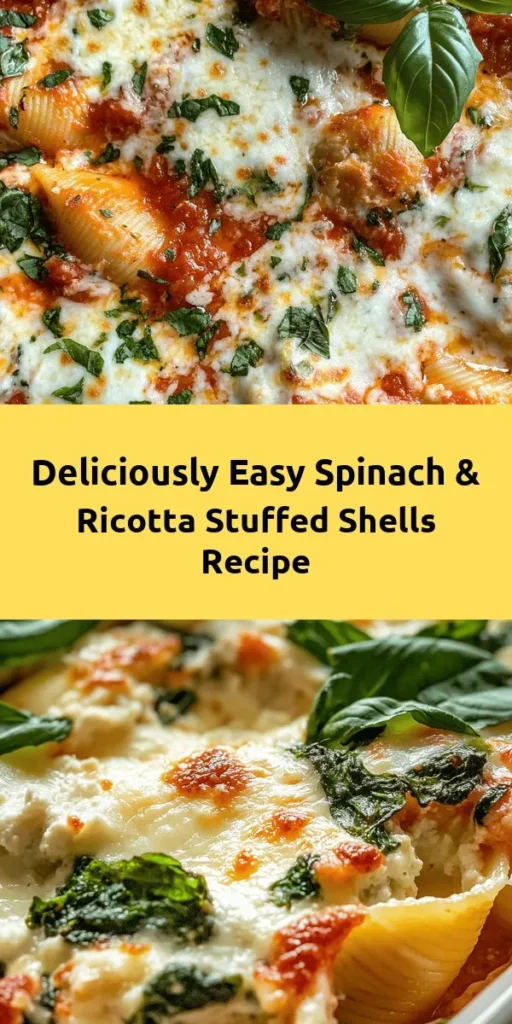 Savor the comforting flavors of Easy Spinach & Ricotta Stuffed Shells! This simple recipe is perfect for family dinners, featuring delicious ricotta and fresh spinach packed into jumbo pasta shells, topped with rich marinara sauce and melted cheese. With straightforward steps, even novice cooks will impress their loved ones. Make mealtime special and nutritious with this tasty dish! #PastaRecipe #StuffedShells #ComfortFood #EasyCooking #HealthyEating #FamilyDinner