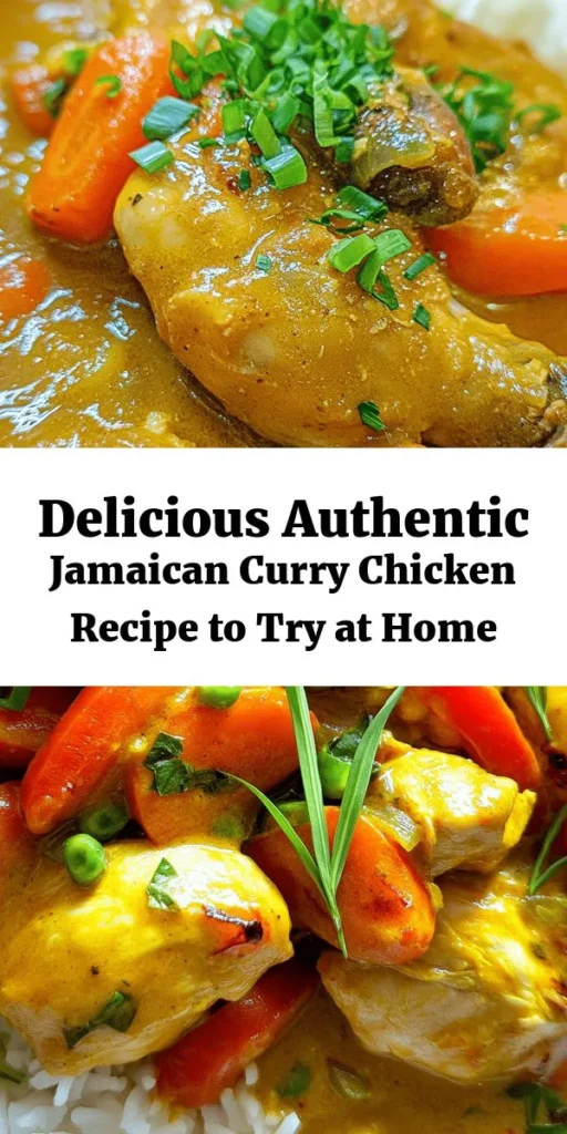 Discover the rich flavors of Jamaica with this Authentic Jamaican Curry Chicken recipe. This delightful dish combines tender chicken with a unique blend of spices, including Jamaican curry powder, allspice, and the fiery Scotch bonnet pepper. Creamy coconut milk creates a luscious sauce that brings everything together, making each bite a cozy experience. Perfect for any gathering or a comforting family dinner. Try it today and enjoy a taste of the Caribbean! #JamaicanCuisine #CurryChicken #Foodie #Cooking #RecipeIdeas #ComfortFood #IslandFlavors