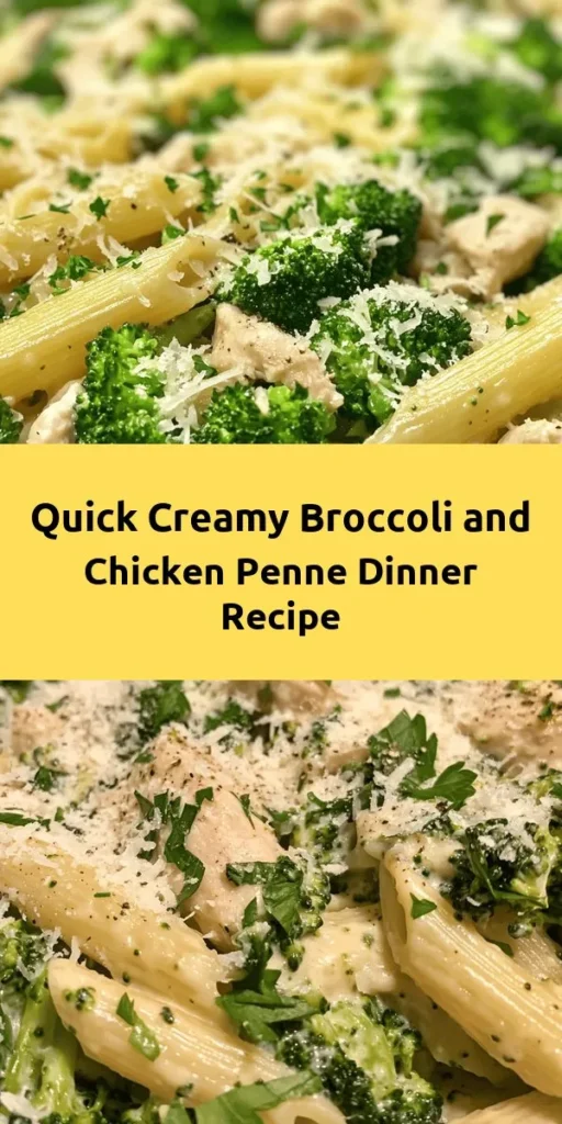 Indulge in a delicious weeknight meal with our Creamy Broccoli and Chicken Penne! This easy-to-make dish combines tender chicken, vibrant broccoli, and creamy sauce over penne pasta, all ready in under 30 minutes. Perfect for busy evenings, it's nutritious and satisfying, and ideal for any gathering. Elevate your dinner experience with fresh ingredients and simple flavors that everyone will love. #PastaRecipes #DinnerIdeas #HealthyEating #ComfortFood #QuickMeals #WeeknightDinner #HomeCooking
