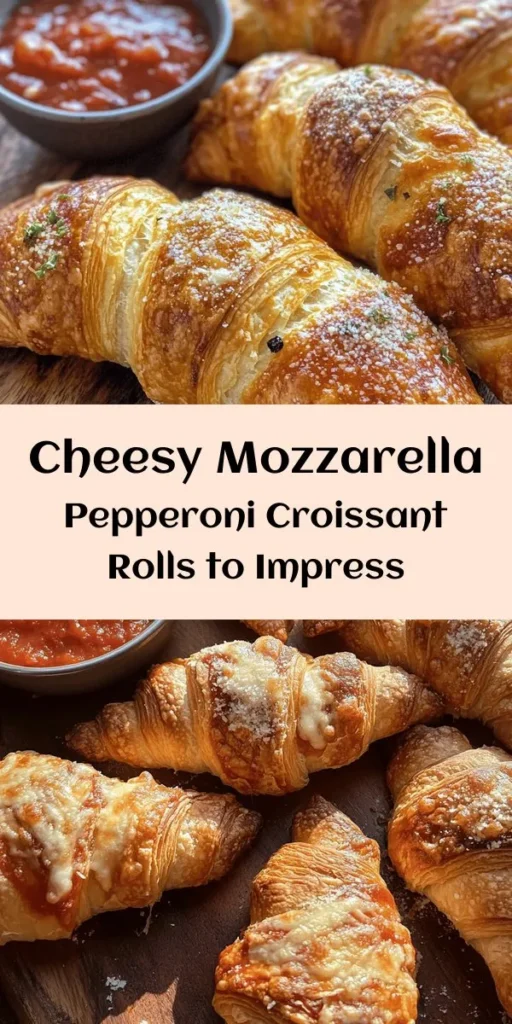 Dive into the delicious world of Mozzarella Pepperoni Croissant Rolls! These cheesy snacks are perfect for any occasion, from game nights to family gatherings. With a gooey mozzarella filling, savory pepperoni, and flaky crescent dough, each bite is a flavor explosion. Easy to make and customizable, they're sure to impress everyone. Pair with marinara for the ultimate treat! Get cooking and enjoy these mouthwatering delights! #CheesyGoodness #SnackTime #CroissantRolls #Appetizers #ComfortFood #PartySnacks #FoodieFun #RecipeInspiration