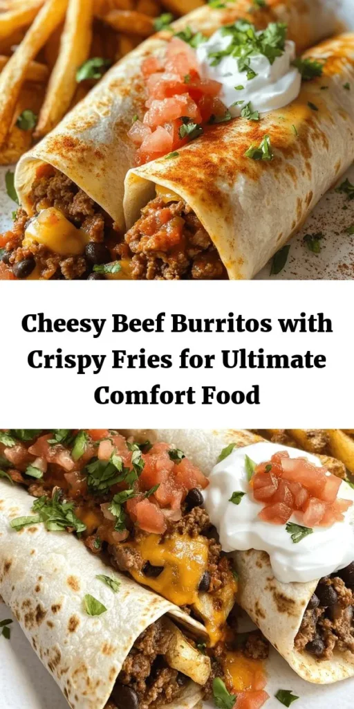 Get ready to indulge in a comforting meal with Cheesy Beef Burritos paired with crispy fries! This delicious dish combines seasoned ground beef, gooey cheese, and customizable toppings all wrapped in a warm tortilla, creating a flavor-packed experience. Perfect for family dinners or gatherings, these burritos are not only easy to make but also loaded with satisfying textures. Elevate your meal with crispy fries on the side! #CheesyBurritos #ComfortFood #FamilyMeal #CrispyFries #DinnerIdea #Foodie