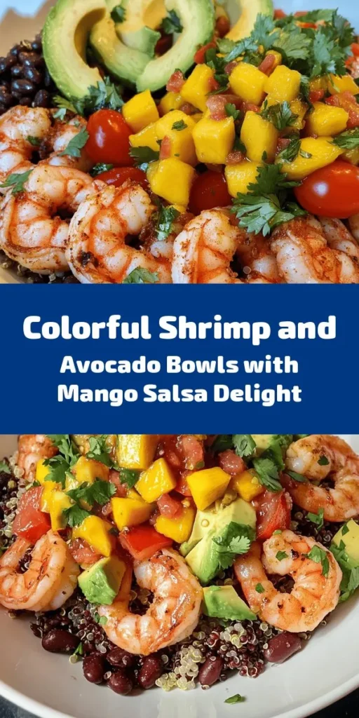 Discover a delicious and healthy meal idea with Shrimp and Avocado Bowls topped with Mango Salsa and Lime-Chili Sauce! This vibrant dish is perfect for any occasion, combining succulent shrimp, creamy avocado, fresh mango, and a zesty sauce for a flavor-packed experience. Not only is it pleasing to the eye, but it's also loaded with nutrients. Try this flavorful bowl today and impress your friends and family! #ShrimpBowls #MangoSalsa #HealthyEating #AvocadoLovers #EasyRecipes #FreshFood #Yum