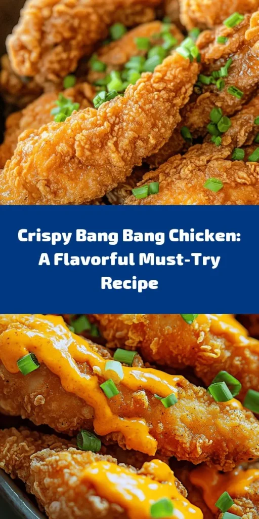 Discover the deliciousness of Crispy Bang Bang Chicken! This irresistible dish features tender chicken with a perfectly crispy coating, drizzled in a creamy, spicy sauce that will leave your taste buds craving more. Ideal for weeknight dinners or special gatherings, it's easy to make and extraordinary to enjoy! Kick off your culinary adventure and impress your guests with this crowd-pleaser! #BangBangChicken #CrispyChicken #ChickenRecipe #HomeCooking #YummyFood