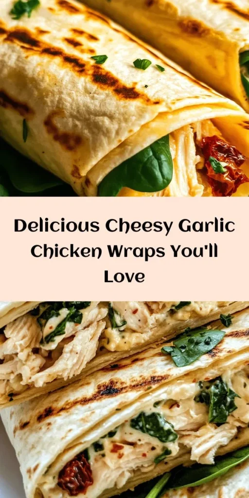 Discover the deliciousness of Cheesy Garlic Chicken Wraps with this easy recipe! Perfect for lunch or dinner, these wraps combine tender chicken, creamy cheeses, garlic, and vibrant veggies all wrapped in a warm tortilla. Customize with your favorite ingredients for a meal everyone will love. Ready to elevate your wrap game? Check out the step-by-step guide and tips to make them just right! #CheesyGarlicWraps #DinnerIdeas #MealPrep #EasyRecipes #WrapItUp #FoodieFun #HealthyEating