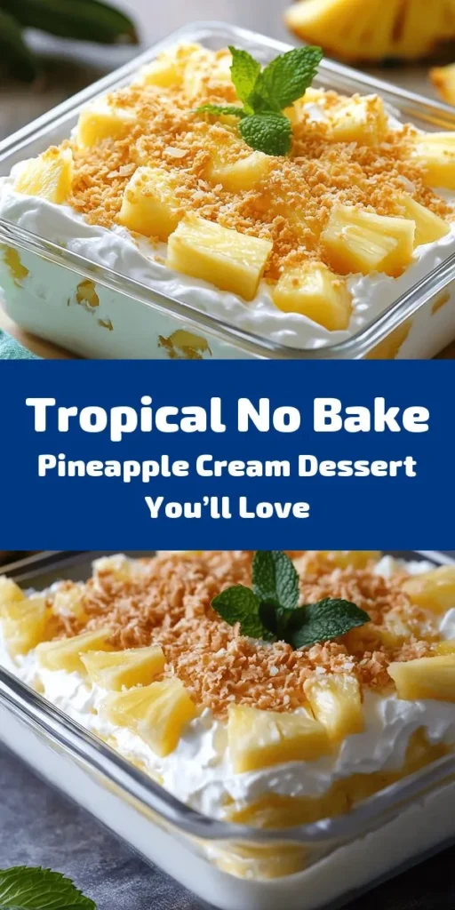 Dive into the refreshing taste of summer with this No Bake Pineapple Cream Dessert! Perfect for warm weather, this treat combines fluffy whipped cream, rich cream cheese, and sweet pineapple for a tropical escape with every bite. Easy to make and beautifully layered, it’s ideal for picnics, parties, or a simple weeknight indulgence. Plus, it’s a no-bake favorite that will wow your guests! #NoBakeDessert #PineappleCream #TropicalTreat #SummerSweets #DessertRecipe