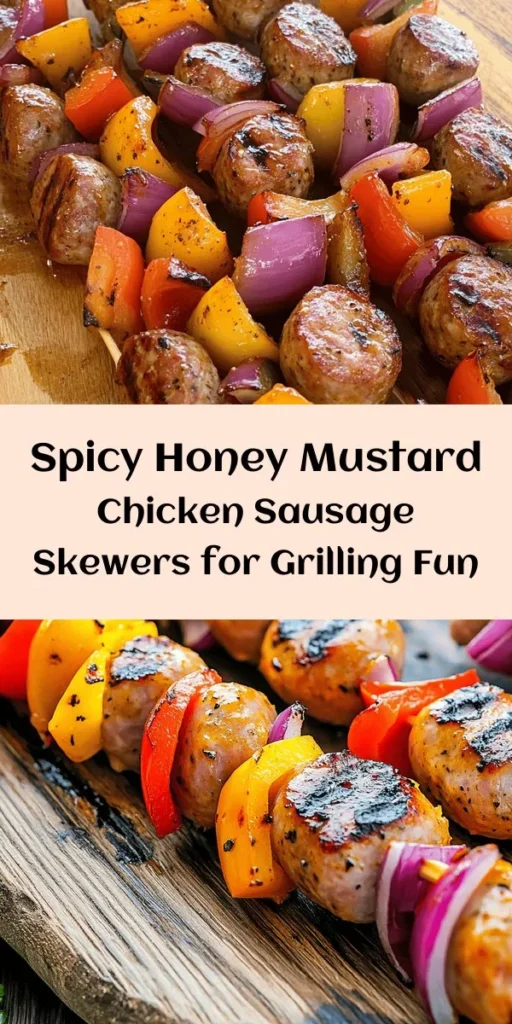 Bring summer flavors to your plate with these Spicy Honey Mustard Chicken Sausage Skewers! Perfect for grilling, these skewers feature juicy chicken sausage marinated in a sweet and spicy honey-Dijon mix, paired with colorful bell peppers and onions. Easy to prepare and great for any occasion, they promise a delightful meal filled with smoky goodness. Gather your friends, fire up the grill, and enjoy a flavorful outdoor experience! #Grilling #BBQ #Skewers #ChickenSausage #SummerEats #QuickRecipes #DeliciousMeals #HealthyEating