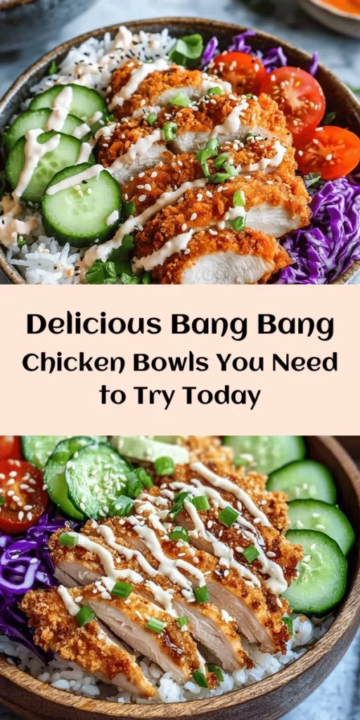 Discover the vibrant and delicious Bang Bang Chicken Bowls that bring a flavorful fusion of crispy chicken, fresh vegetables, and a zesty creamy sauce to your table! Perfect for weeknight dinners or meal prep, this dish offers a delightful balance of taste and nutrition. It's versatile, easy to customize, and sure to impress! Dive into the recipe and elevate your cooking game today! #BangBangChicken #MealPrep #HealthyEating #Foodie #DinnerInspo #YummyRecipes