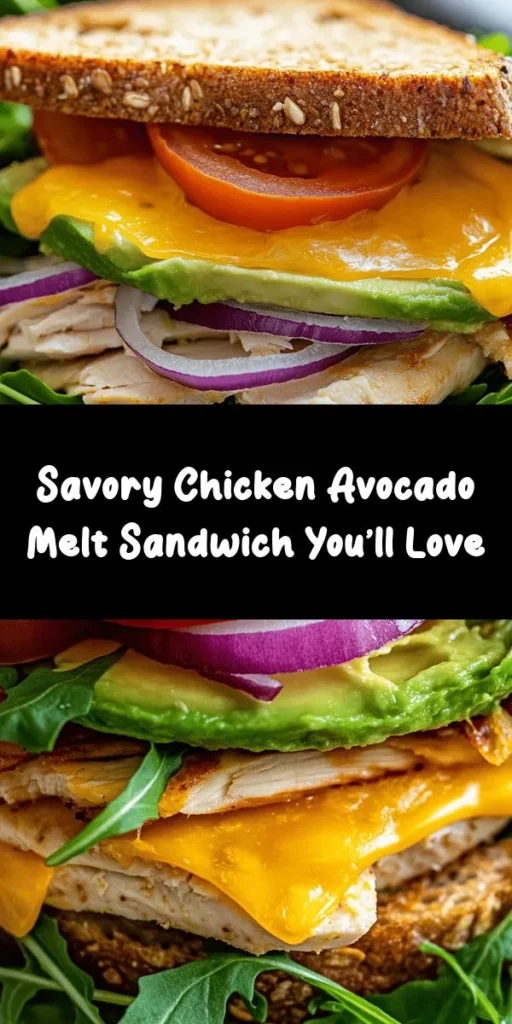 Indulge in a mouthwatering Chicken Avocado Melt Sandwich, where juicy chicken meets creamy avocado and melted cheddar, all nestled in whole grain goodness. This nutritious delight is perfect for any meal, providing a satisfying crunch with fresh veggies. Packed with proteins, healthy fats, and vitamins, it’s both delicious and wholesome. Try this easy recipe to impress your family or enjoy a solo treat today! #ChickenAvocadoMelt #HealthyEating #SandwichRecipes #YummyFood #MealPrep #DeliciousMeals