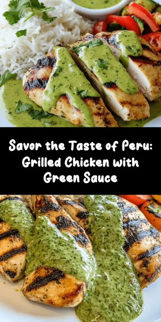 Discover the delicious embrace of Peruvian Grilled Chicken with Creamy Green Sauce! This vibrant dish captures the essence of Peru's rich culinary culture with smoky, zesty, and creamy flavors. The tender, marinated chicken pairs perfectly with the herbaceous and spicy green sauce for a mouthwatering experience. Perfect for gatherings or a cozy dinner at home, it's a recipe you'll want to make again and again. Try this flavorful journey today! #PeruvianCuisine #GrilledChicken #Foodie #HomeCooking #FlavorfulMeals