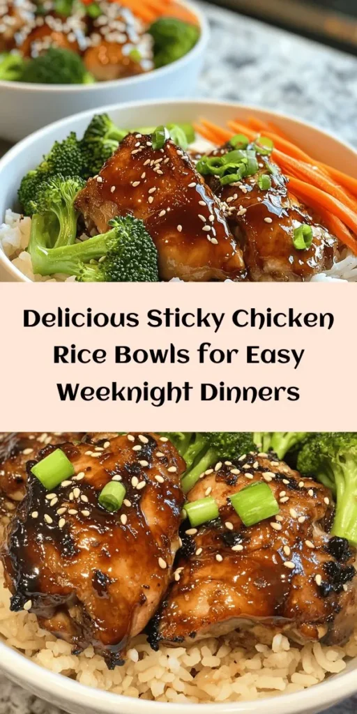 Looking for a quick and delicious weeknight dinner? Try these Sticky Chicken Rice Bowls! Featuring tender chicken thighs marinated in a delightful soy sauce and honey blend, served over fluffy jasmine rice, and topped with vibrant veggies, this recipe is both comforting and nutritious. Perfect for family dinners or impressing guests, every bite offers a balance of flavor and texture. Discover the full recipe and tips now! #StickyChicken #RiceBowls #ComfortFood #HealthyEating #EasyRecipes #MealPrep #DinnerIdeas