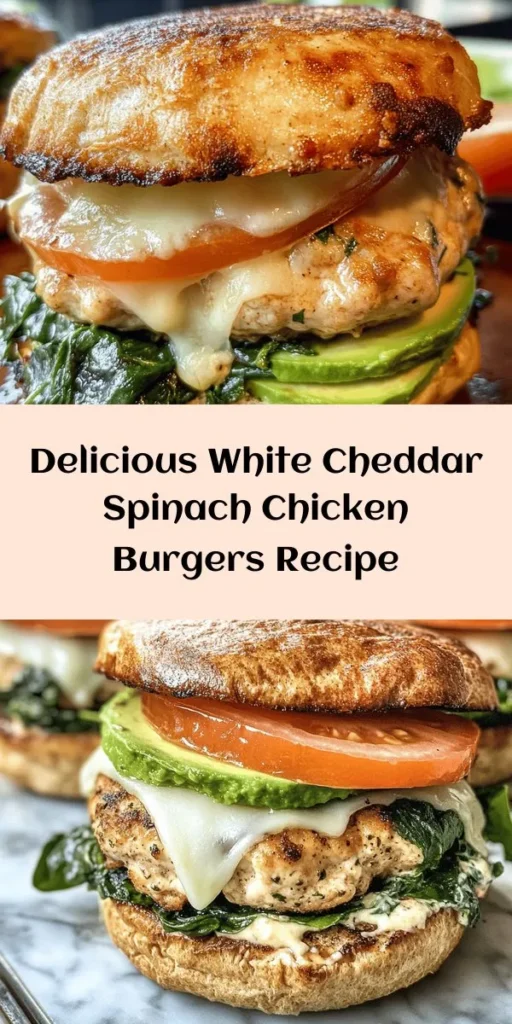Savor the delicious and nutritious White Cheddar and Spinach Chicken Burgers! This healthy recipe combines lean ground chicken, vibrant spinach, and creamy white cheddar for a satisfying meal perfect for family dinners or BBQs. Not only are these burgers lower in calories than traditional beef options, but they also deliver a punch of flavor and nutrition. Elevate your meal with various toppings and sides! #ChickenBurgers #HealthyEating #RecipeIdeas #MealPrep #CookingAtHome